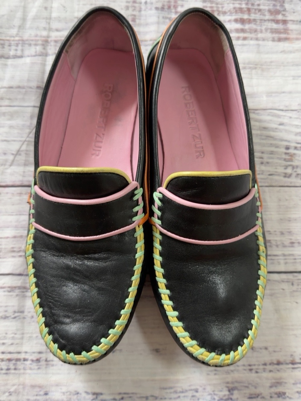 Robert Zur Black Leather Multicolor Driving Loafers 8 Soft